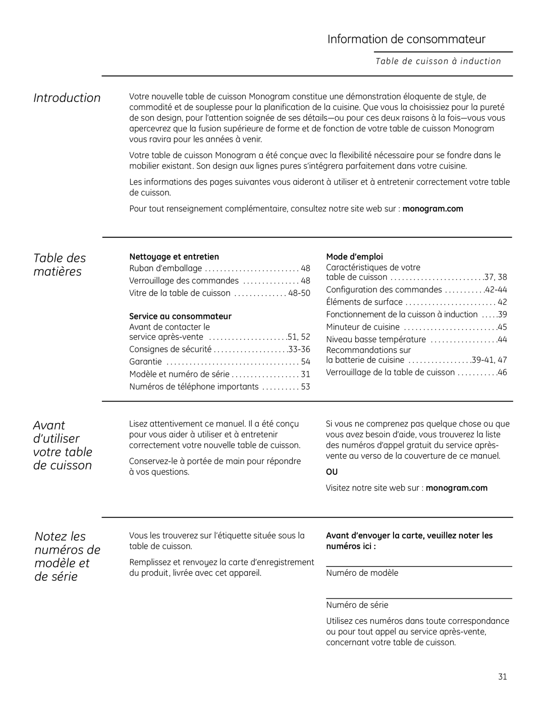 GE ZHU30, ZHU36 manual Information de consommateur, Table des matières, Avant d’utiliser votre table de cuisson 