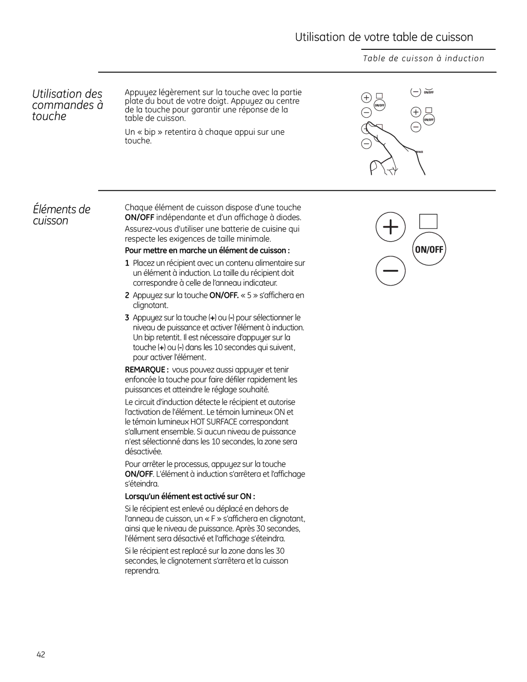 GE ZHU36, ZHU30 manual Éléments de cuisson, Utilisation des commandes à touche, Pour mettre en marche un élément de cuisson 