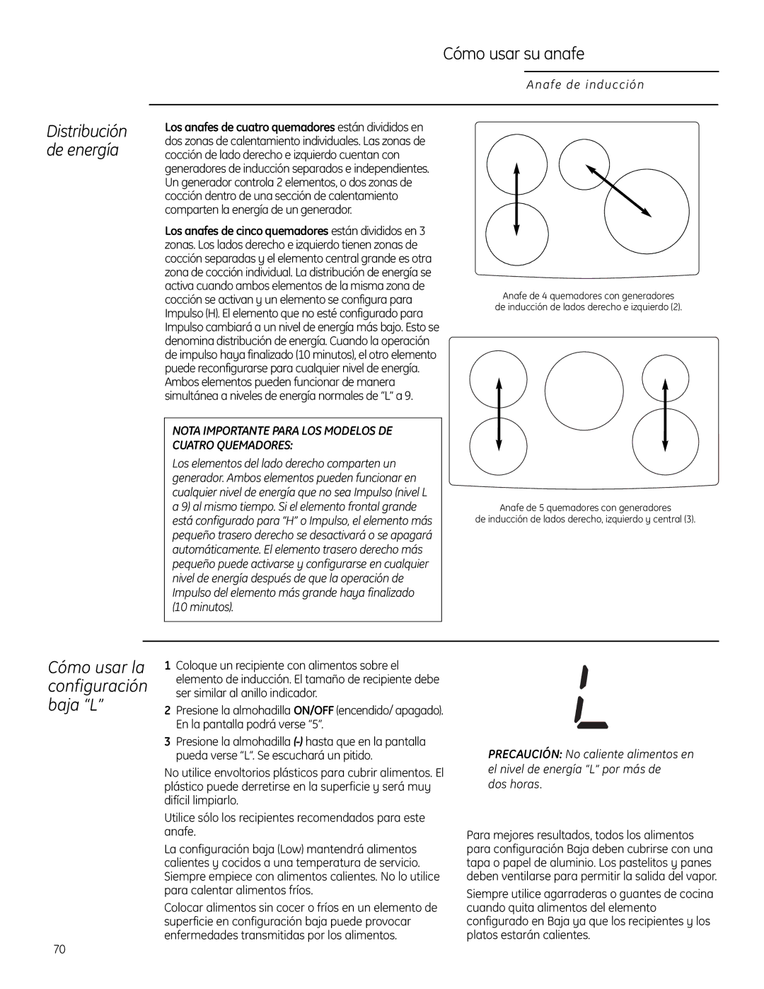 GE ZHU36, ZHU30 manual Distribución de energía, Cómo usar la configuración baja L 