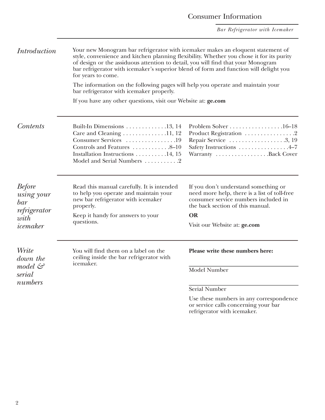 GE ZIBS240 Introduction, Contents, Before using your bar refrigerator with icemaker, Write down the model & serial numbers 