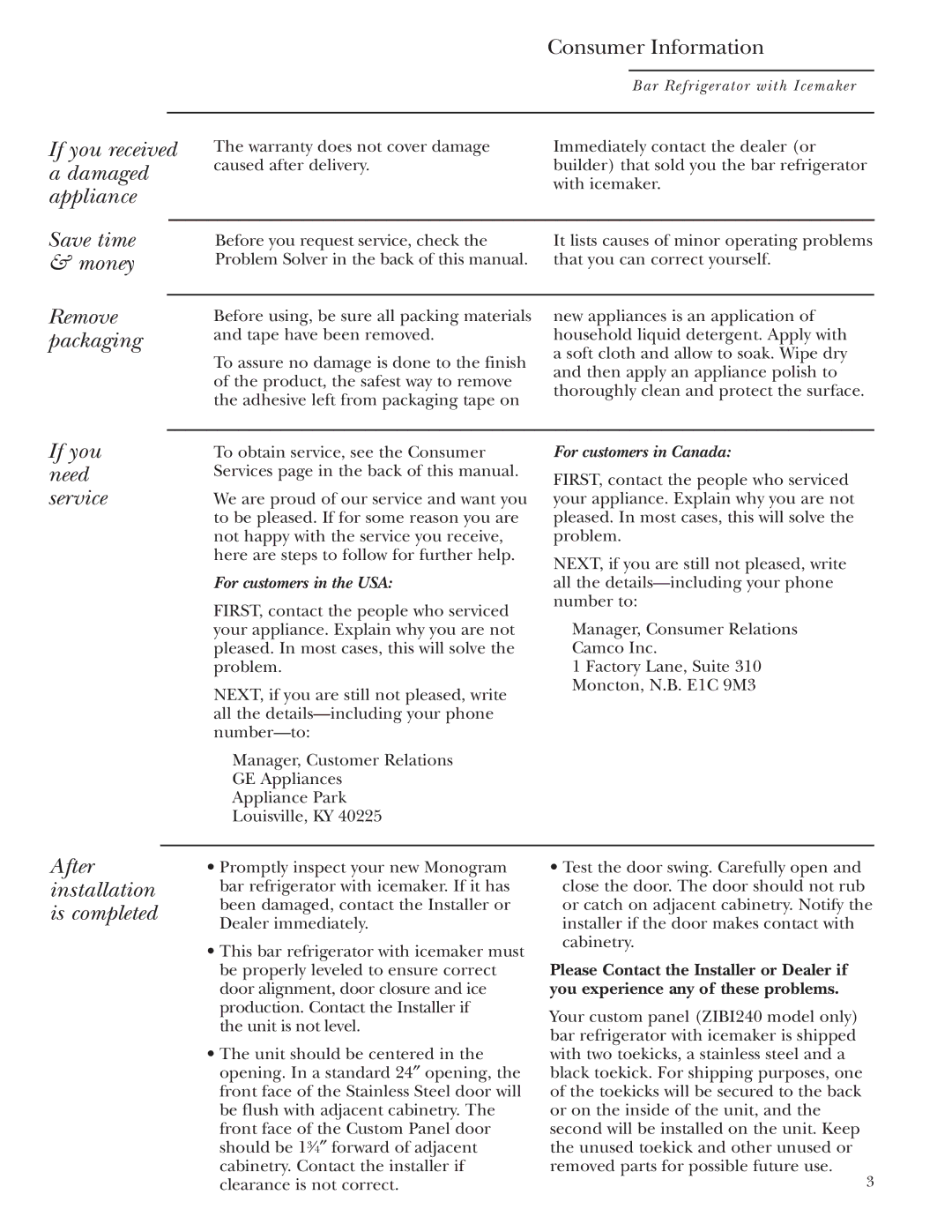 GE ZIBI240, ZIBS240 owner manual If you need service, After installation is completed 