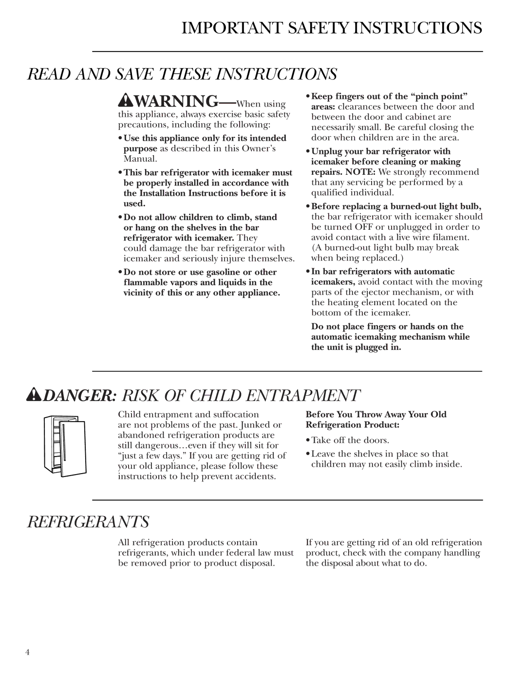 GE ZIBS240, ZIBI240 Read and Save These Instructions, Refrigerants, Before You Throw Away Your Old Refrigeration Product 