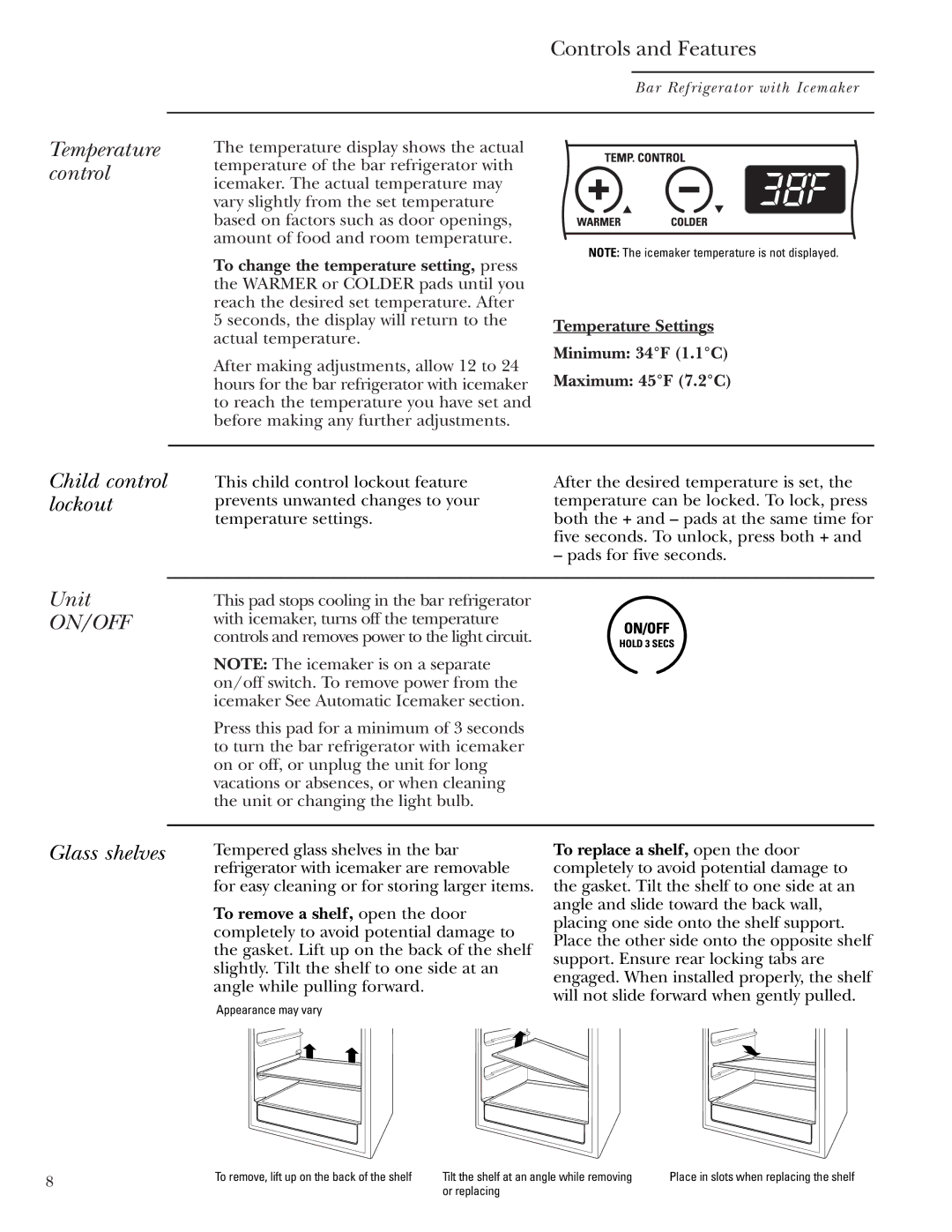 GE ZIBS240, ZIBI240 owner manual Temperature control, Child control lockout Unit, Glass shelves 