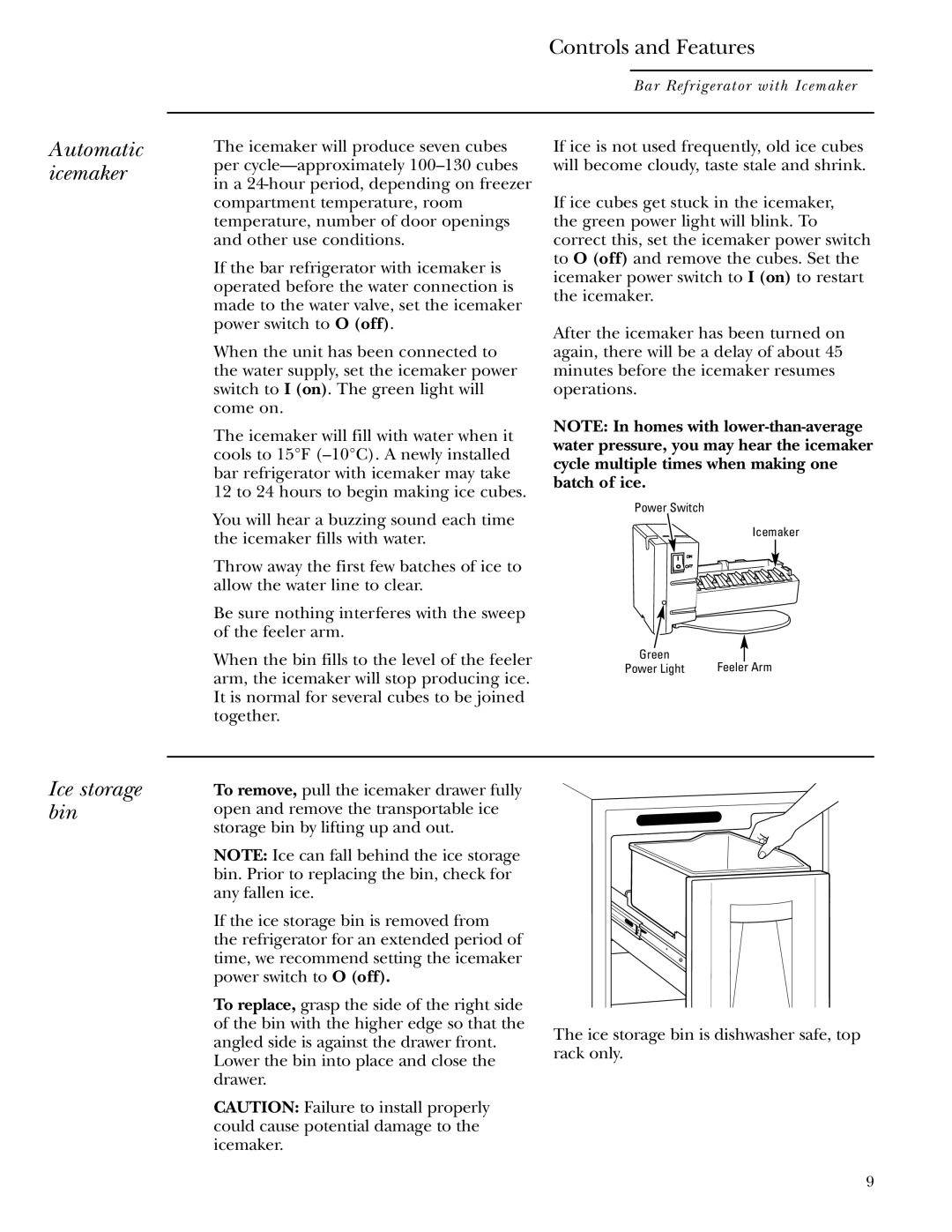 GE ZIBI240, ZIBS240 owner manual Automatic icemaker, Ice storage bin 