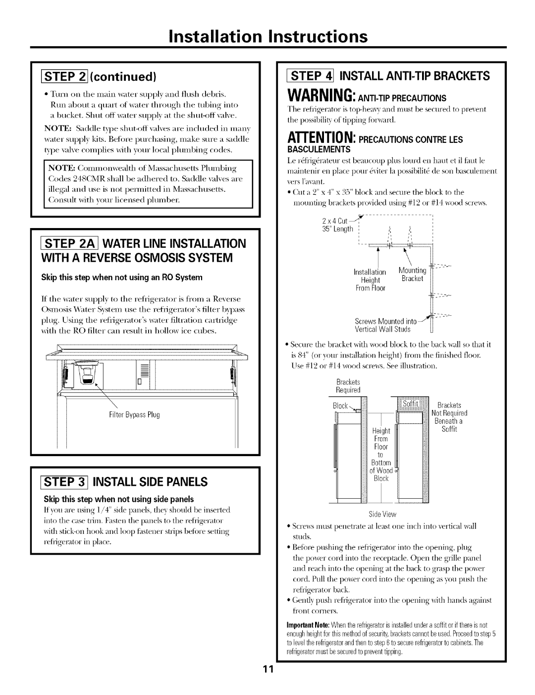 GE ZIC360N RH, ZIC360N LH Install ANTI-TIP Brackets, FilterBypassPlug, Skip this step when not using side panels, SideView 