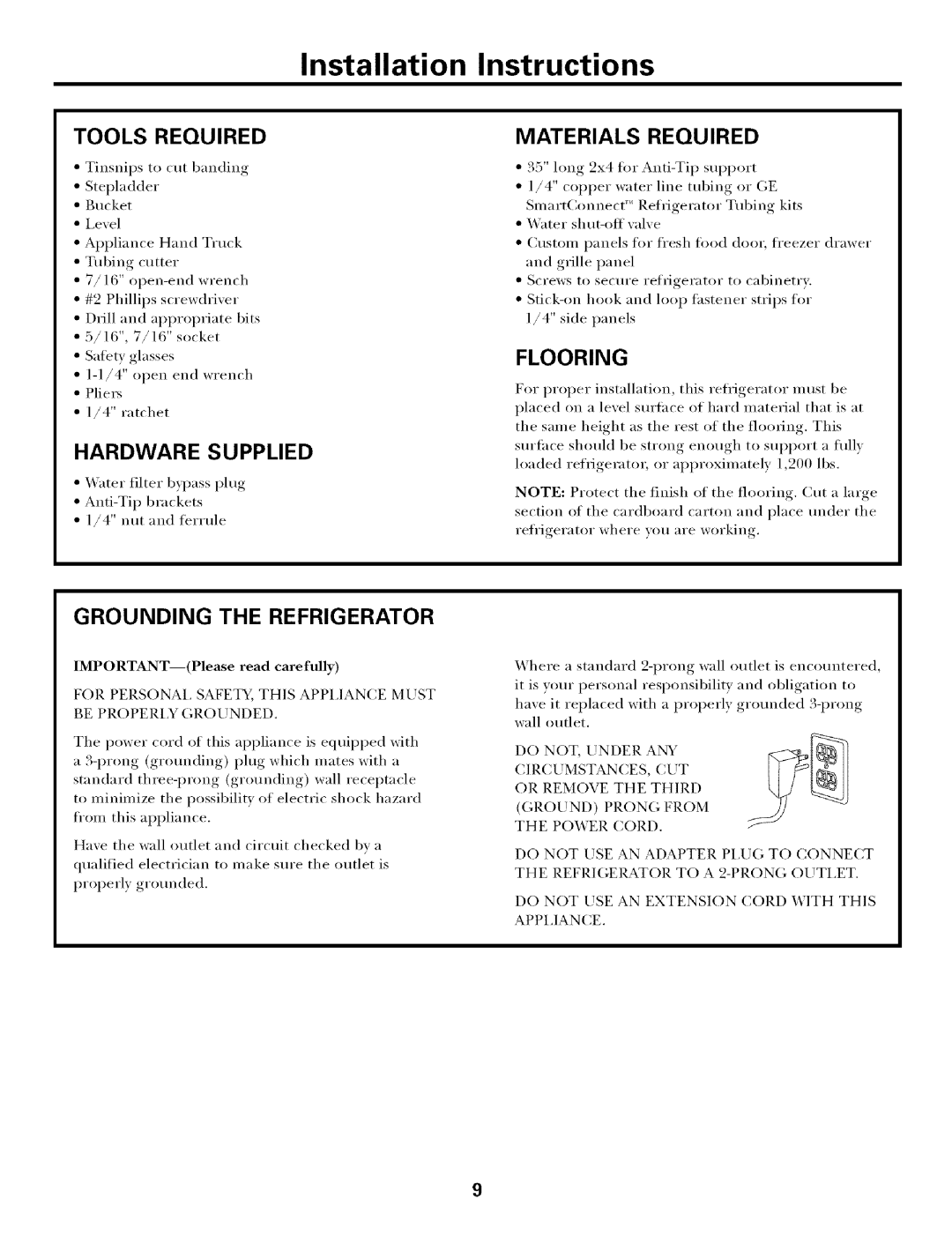 GE ZICS360N RH, ZIC360N LH, ZICS360N LH Tools Required Materials, Flooring, Hardware Supplied, Grounding the Refrigerator 