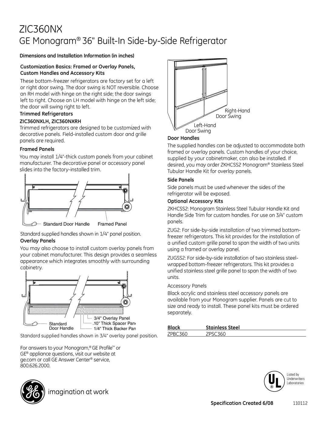 GE ZIC360NX dimensions Right-Hand Door Swing Left-Hand 