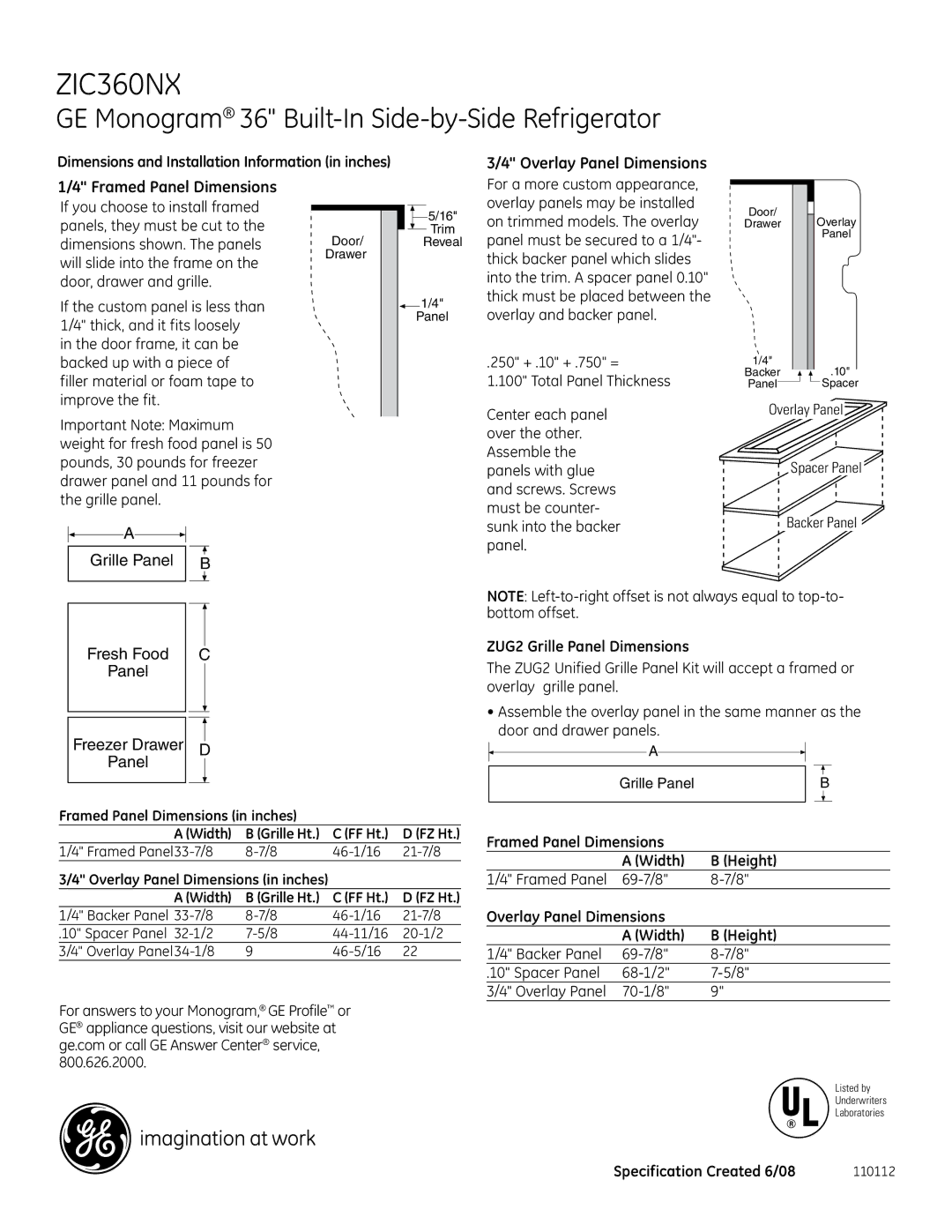 GE ZIC360NX dimensions Overlay Panel Dimensions Framed Panel Dimensions, Grille Panel, Panel Freezer Drawer D 