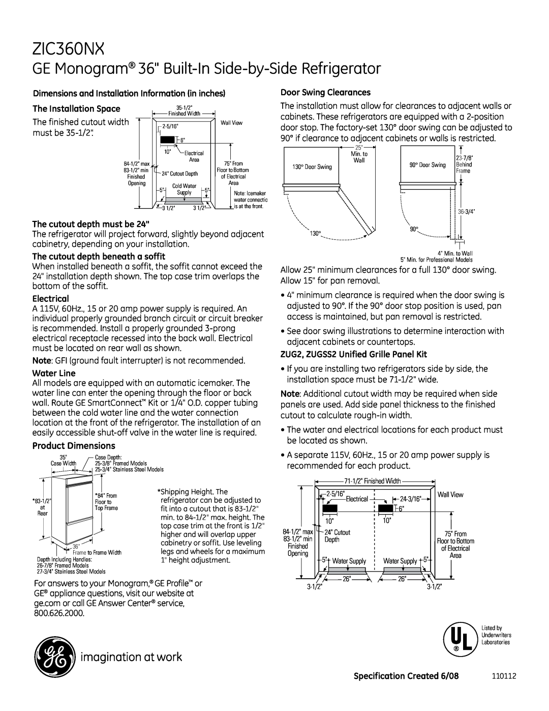 GE ZIC360NX dimensions GE Monogram 36 Built-In Side-by-Side Refrigerator, Product Dimensions 