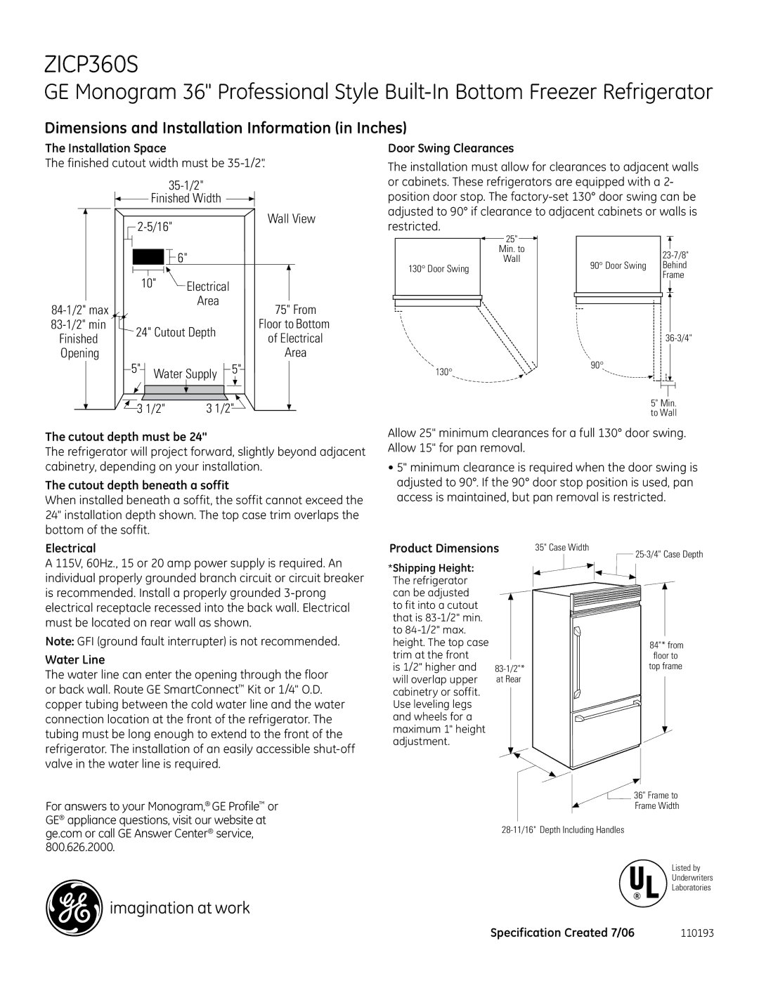 GE ZICP360S dimensions Dimensions and Installation Information in Inches, 35-1/2 Finished Width, 84-1/2 max 