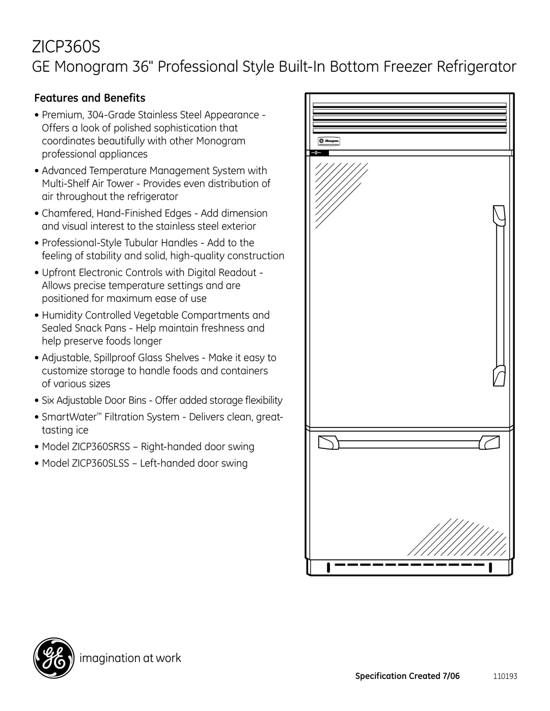 GE ZICP360S dimensions Features and Benefits 