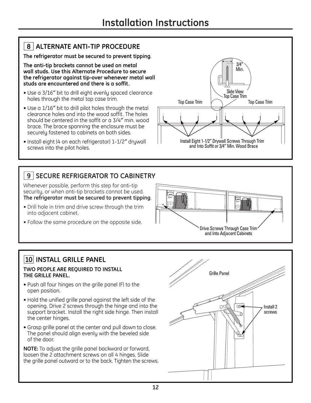 GE ZICP720 installation instructions Alternate ANTI-TIP Procedure, Secure Refrigerator to Cabinetry, Install Grille Panel 