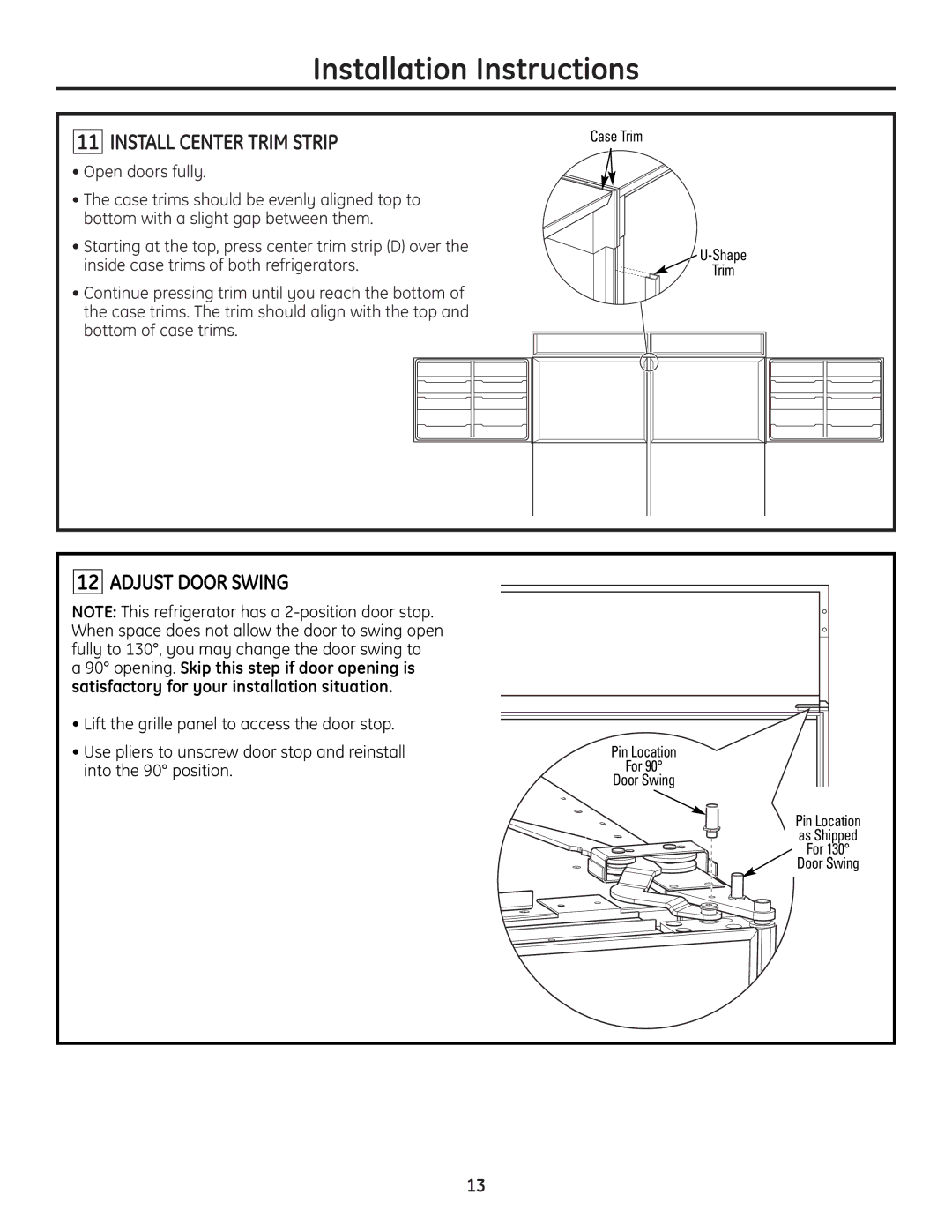 GE ZICP720 installation instructions Install Center Trim Strip, Adjust Door Swing 