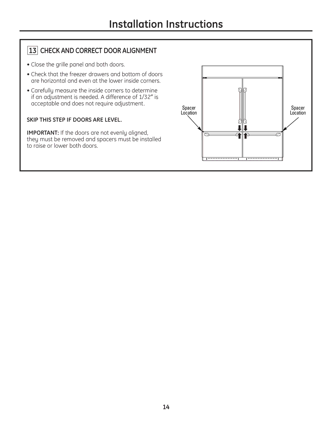 GE ZICP720 Check and Correct Door Alignment, Close the grille panel and both doors, Skip this Step if Doors are Level 