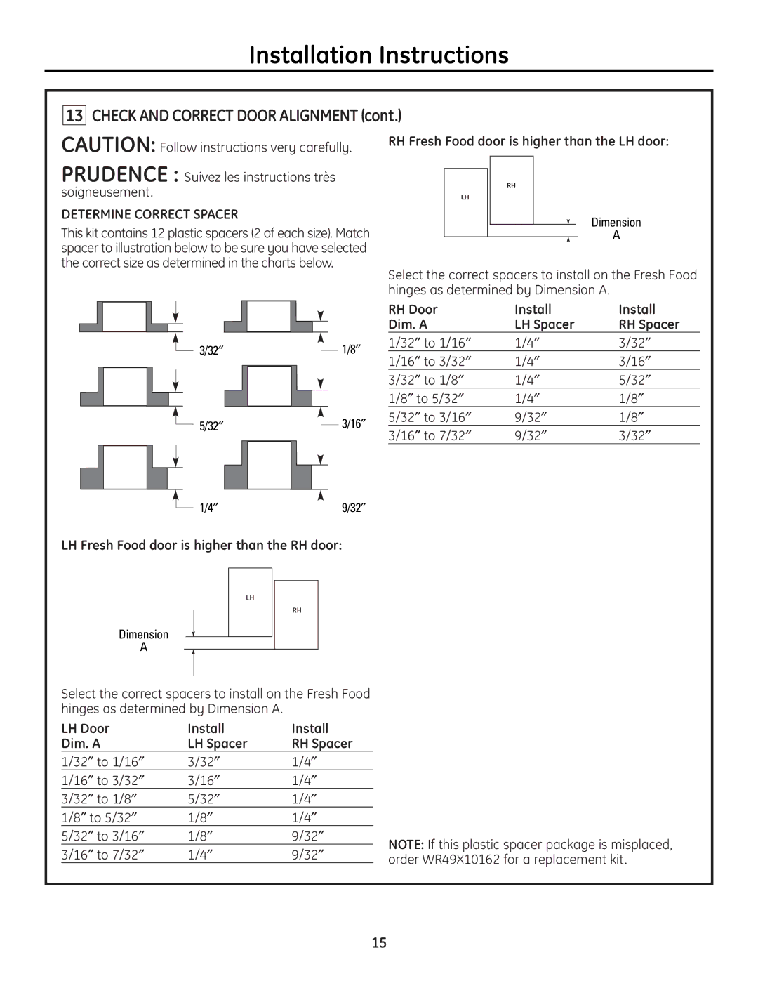 GE ZICP720 installation instructions Determine Correct Spacer, RH Fresh Food door is higher than the LH door 