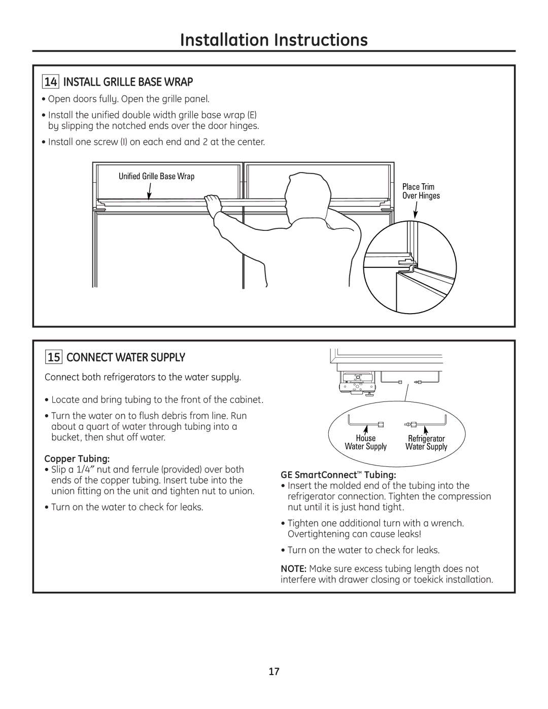 GE ZICP720 installation instructions Install Grille Base Wrap, Connect Water Supply, Copper Tubing, GE SmartConnect Tubing 