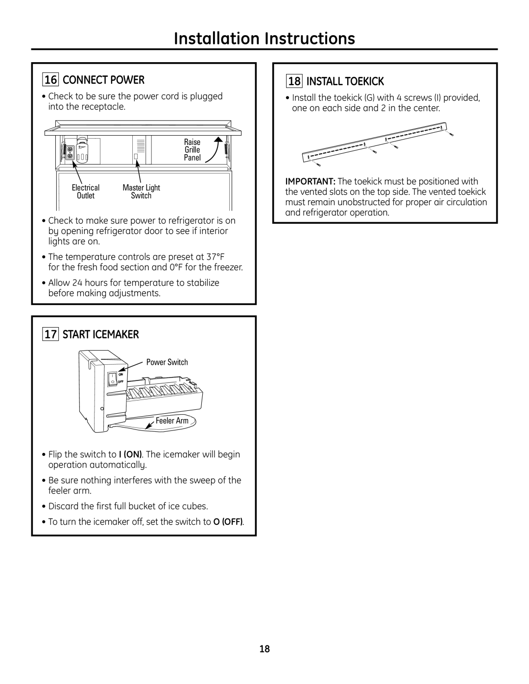 GE ZICP720 installation instructions Connect Power, Start Icemaker, Install Toekick 