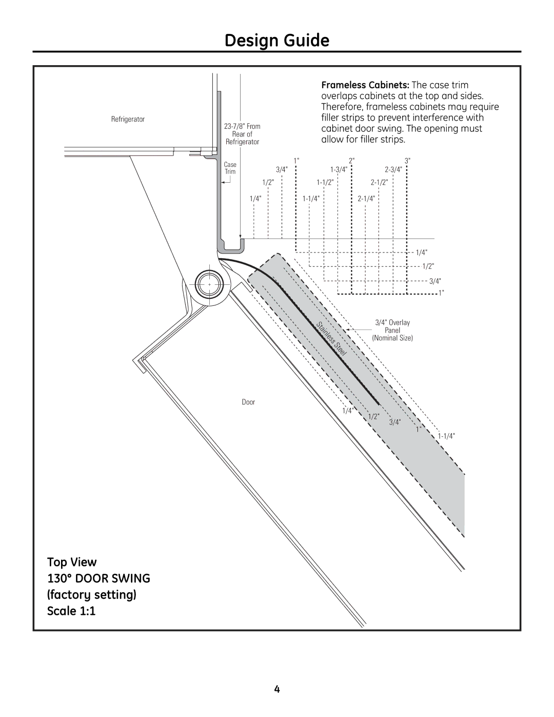 GE ZICP720 Frameless Cabinets The case trim, Overlaps cabinets at the top and sides, Cabinet door swing. The opening must 