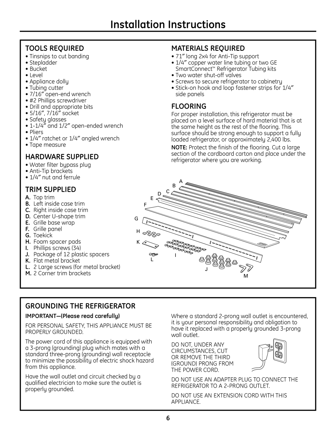 GE ZICP720 Tools Required, Hardware Supplied, Trim Supplied, Materials Required, Flooring, Grounding the Refrigerator 