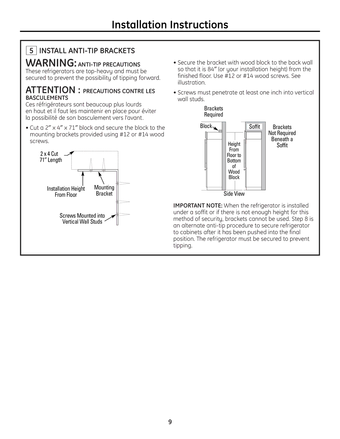 GE ZICP720 installation instructions Install ANTI-TIP Brackets, Brackets Required Block 