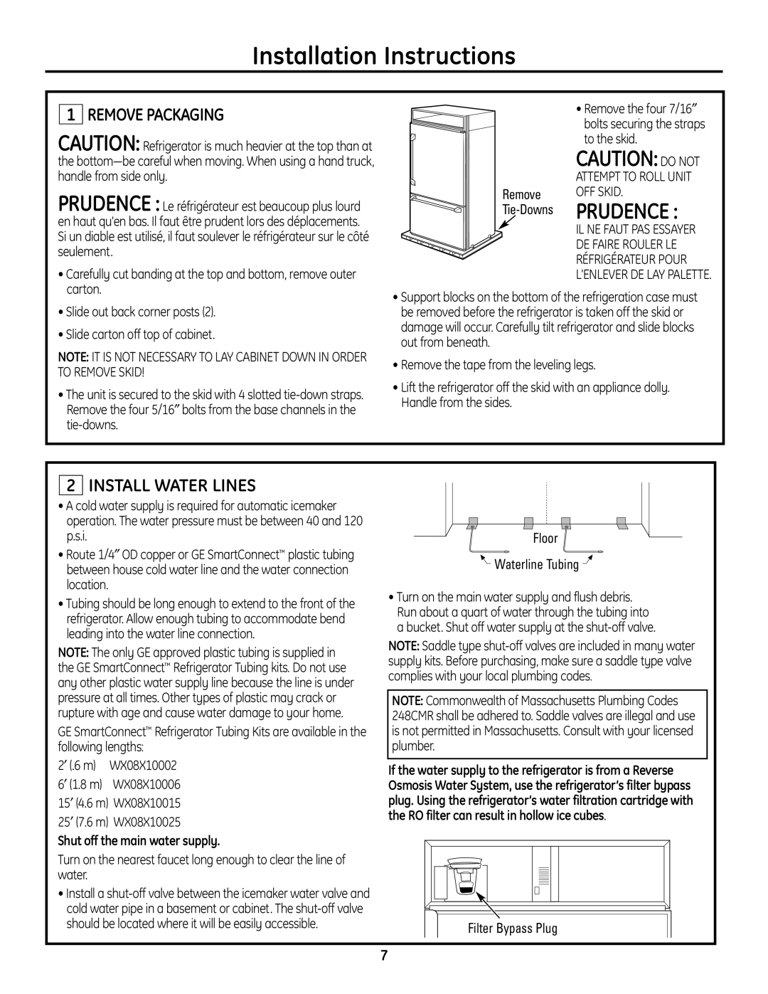 GE ZICP720 Remove Packaging, Install Water Lines, Shut off the main water supply, Installation Instructions, Cautiondo Not 
