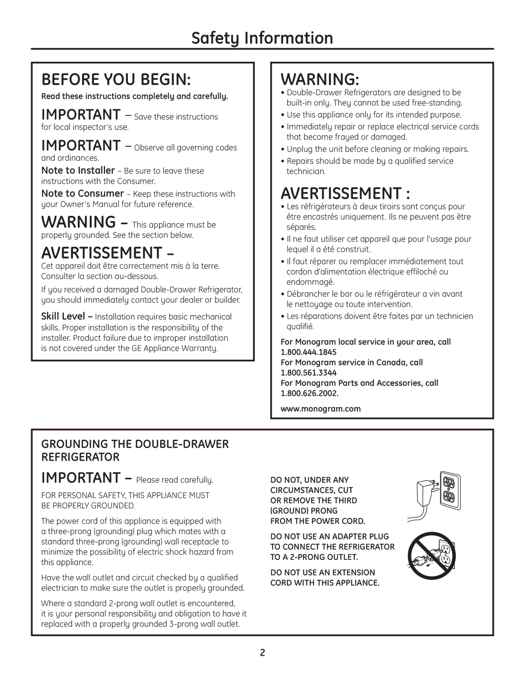 GE ZIDI240 Safety Information, Grounding the DOUBLE-DRAWER Refrigerator, Read these instructions completely and carefully 