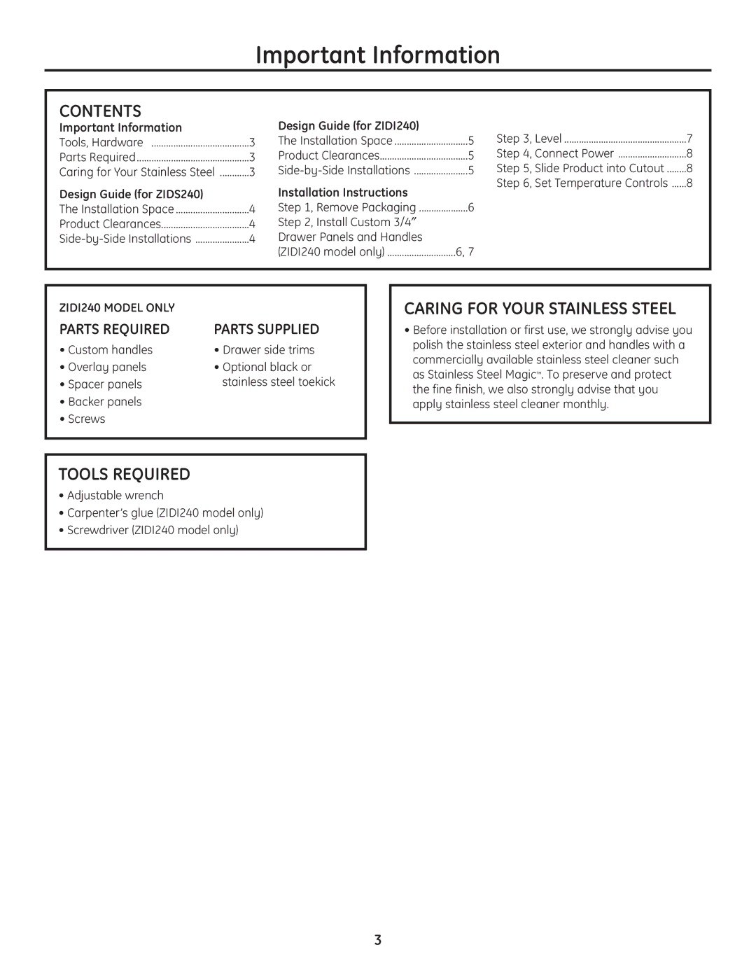 GE ZIDS240, ZIDI240 Important Information, Contents, Caring for Your Stainless Steel, Tools Required 