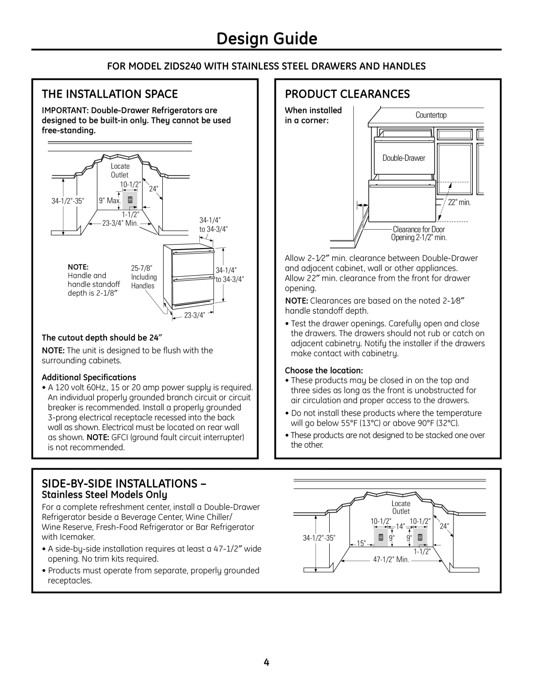 GE ZIDI240 Design Guide, Installation Space Product Clearances, SIDE-BY-SIDE Installations, Stainless Steel Models Only 