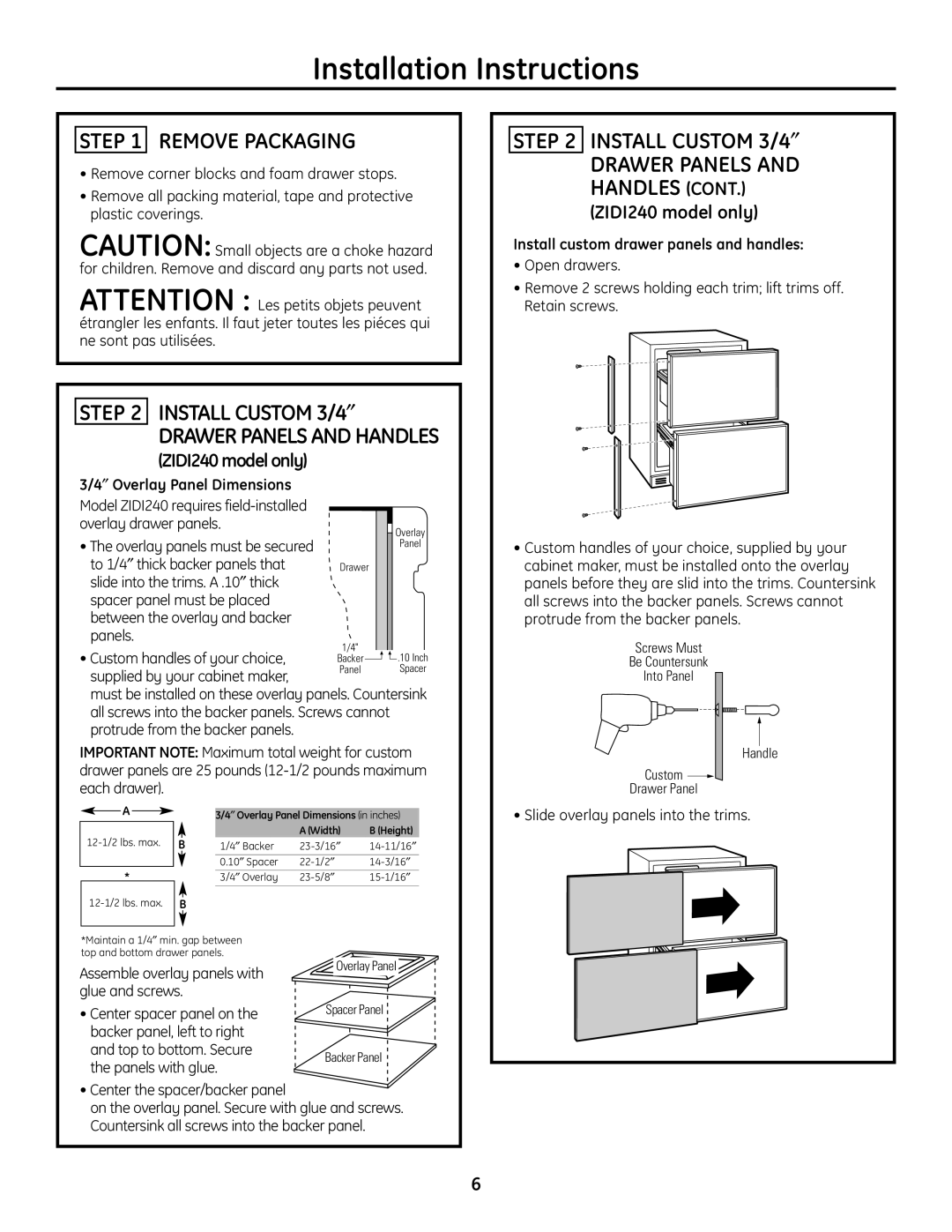 GE ZIDI240, ZIDS240 Installation Instructions, Remove Packaging, Install Custom 3/4″ Drawer Panels and Handles 