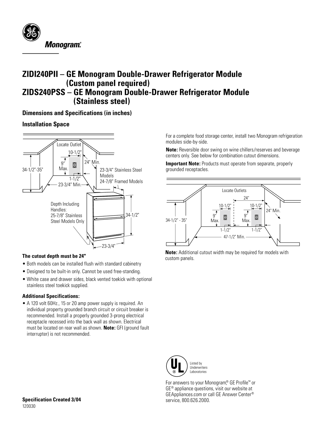 GE ZIDS240PSS, ZIDI240PII dimensions Dimensions and Specifications in inches Installation Space, Cutout depth must be 