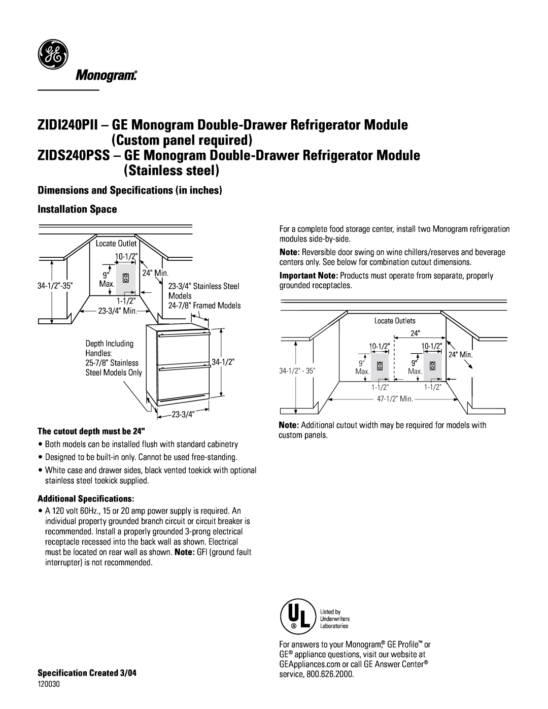 GE ZIDS240PSS dimensions ZIDI240PII - GE Monogram Double-Drawer Refrigerator Module, Custom panel required 