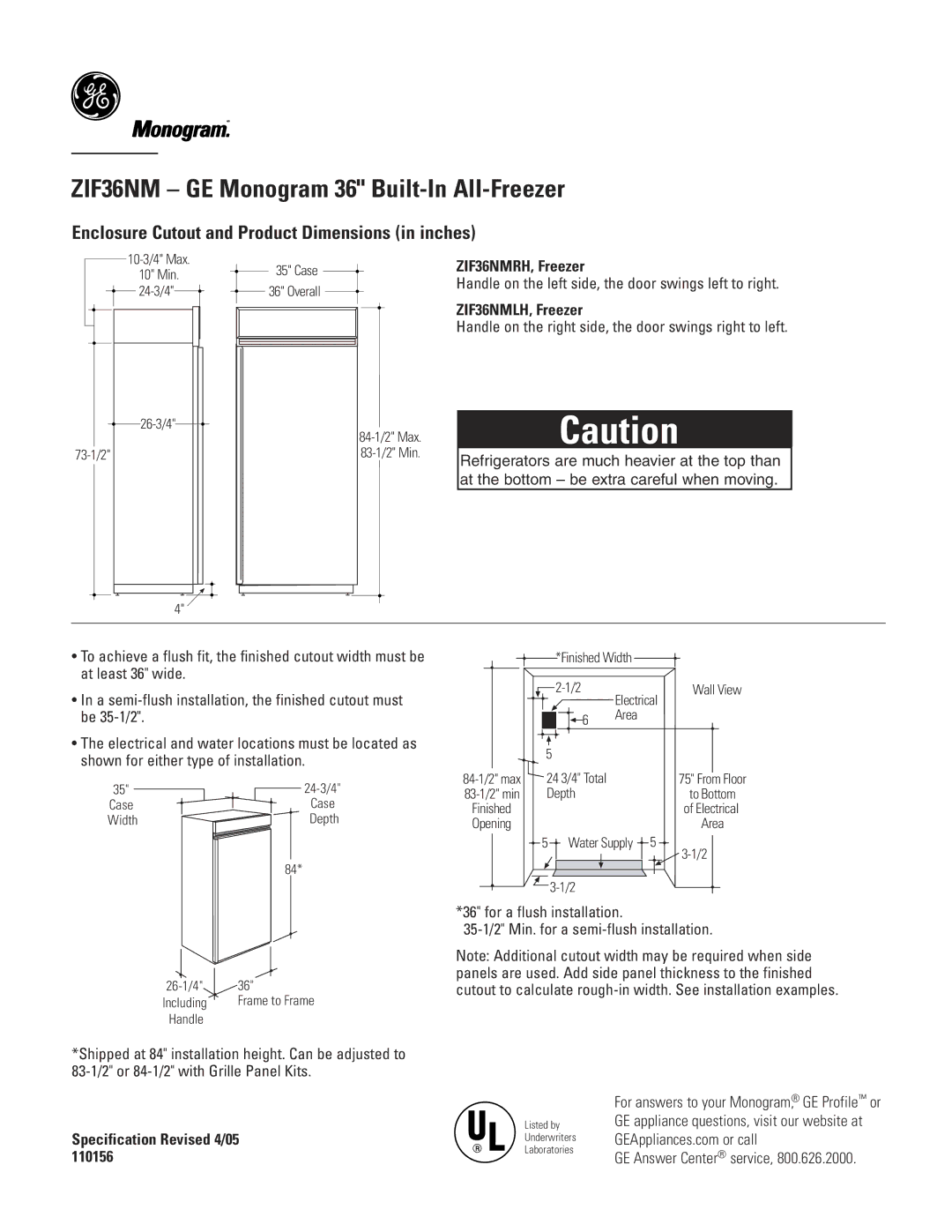 GE dimensions Enclosure Cutout and Product Dimensions in inches, ZIF36NMRH, Freezer, ZIF36NMLH, Freezer 