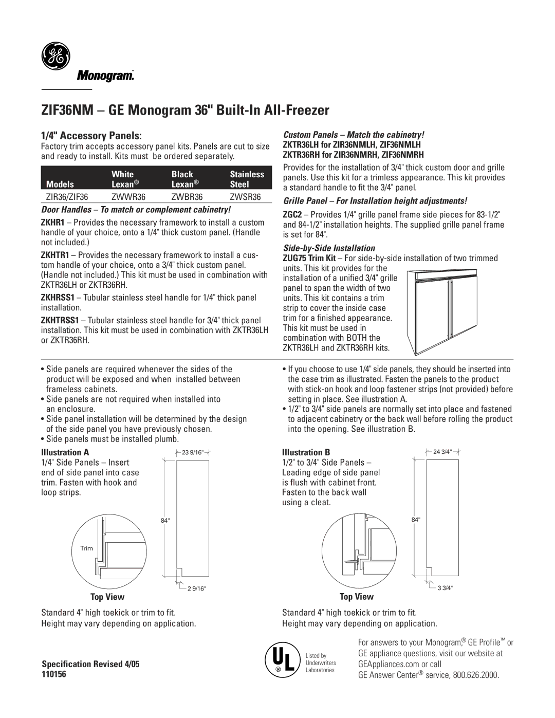 GE ZIF36NM dimensions Accessory Panels, Illustration a, Top View, Specification Revised 4/05 Illustration B 