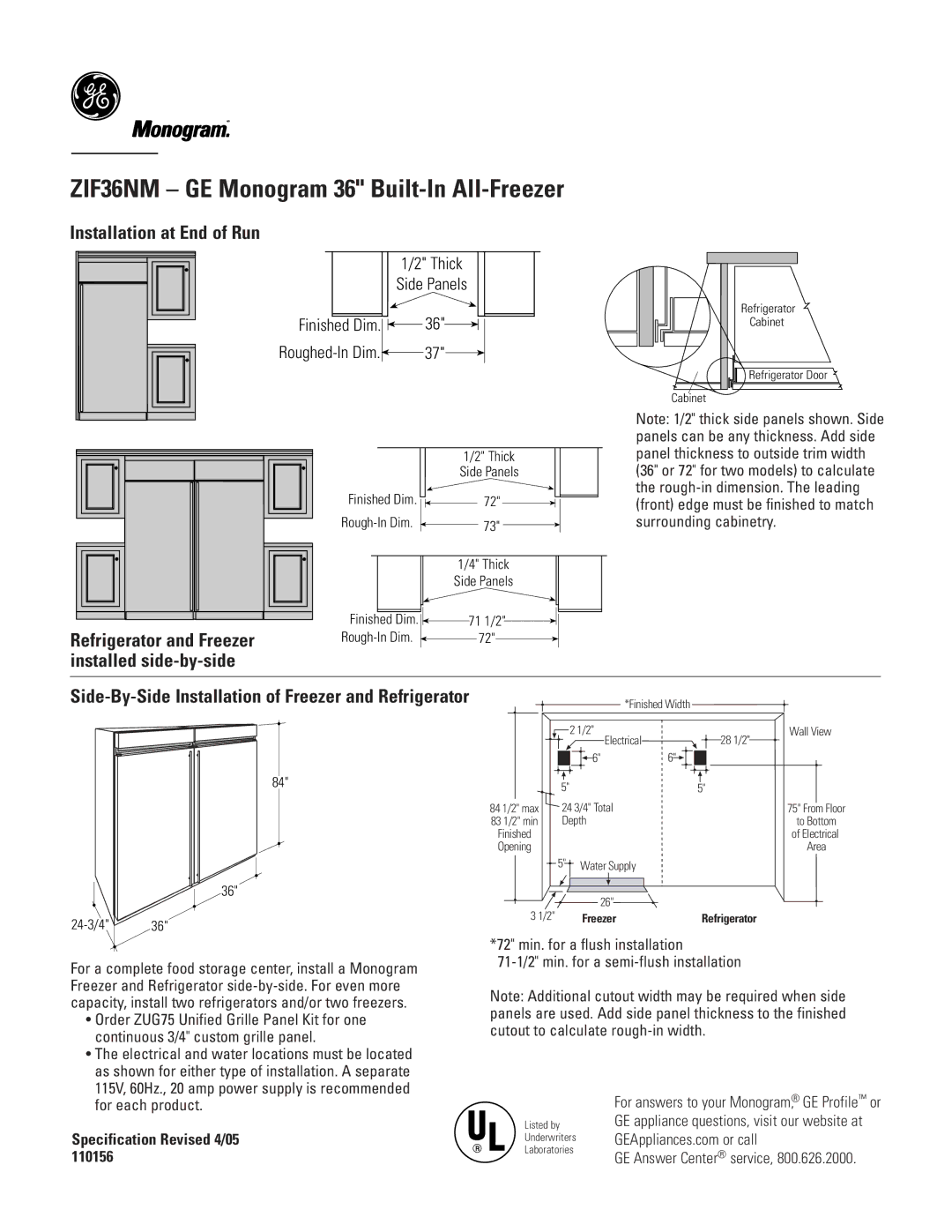 GE ZIF36NM dimensions Installation at End of Run, Refrigerator and Freezer installed side-by-side 