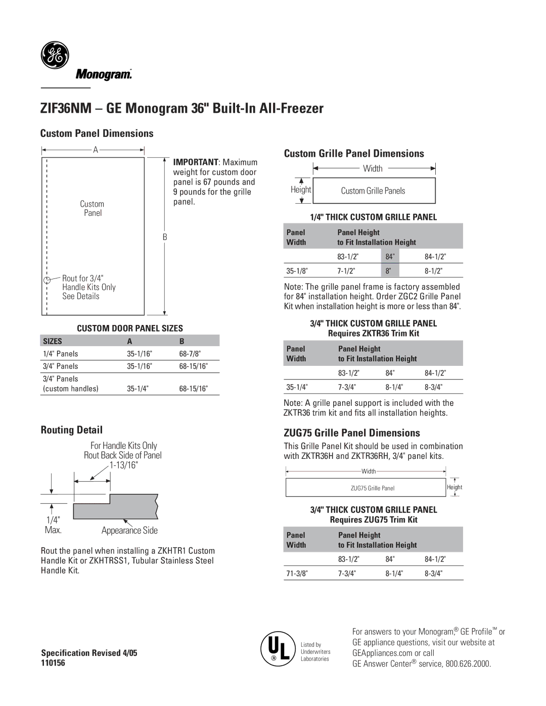 GE ZIF36NM Custom Grille Panel Dimensions, Routing Detail, ZUG75 Grille Panel Dimensions, Requires ZKTR36 Trim Kit 