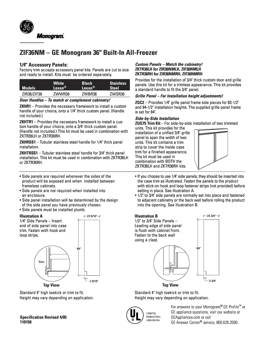 GE ZIF36NM - GE Monogram 36 Built-In All-Freezer, Monogram.“, 1/4 Accessory Panels, White, Black, Stainless, Models 