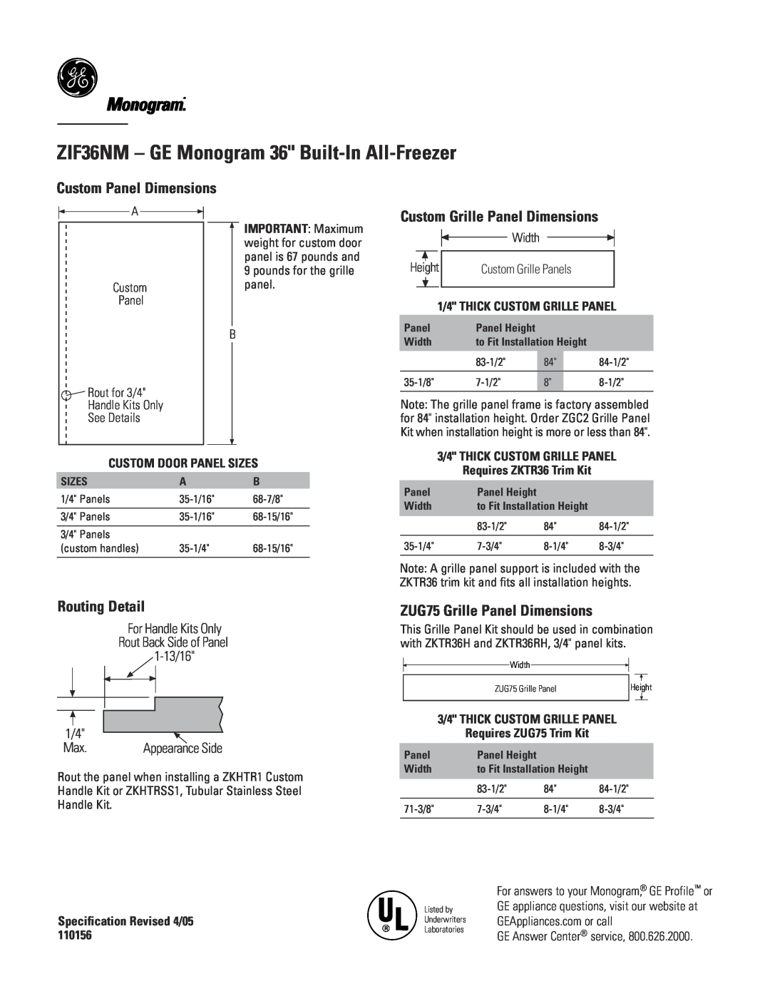 GE ZIF36NM - GE Monogram 36 Built-In All-Freezer, Monogram.“, Custom Grille Panel Dimensions, Routing Detail, Width 
