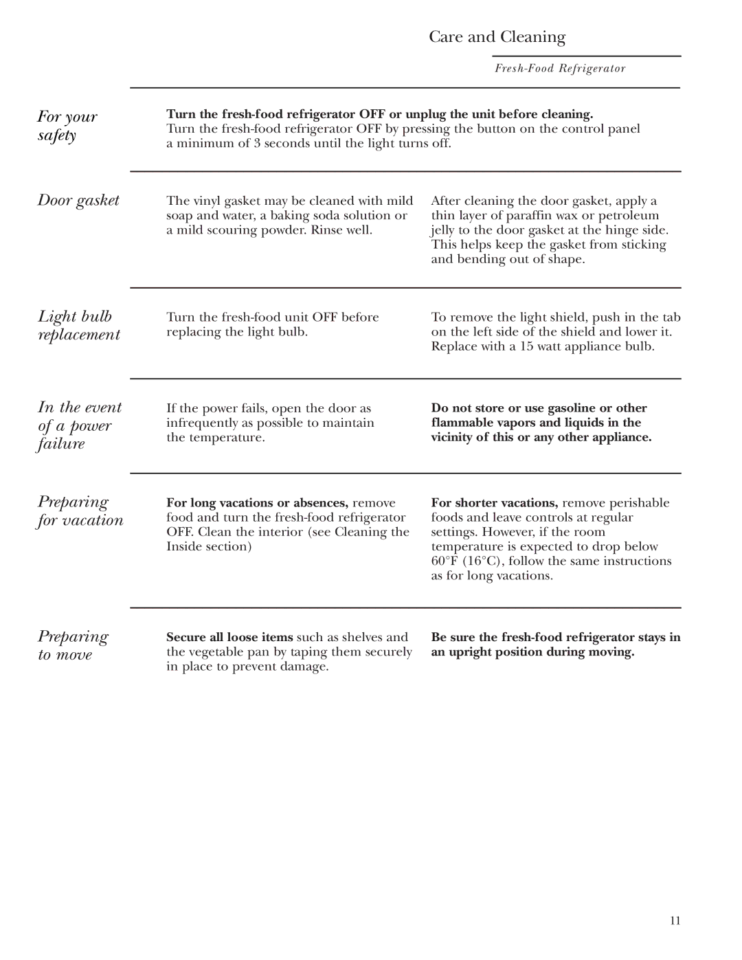 GE ZIFS240, ZIFI240 owner manual For your safety Door gasket, Preparing to move, Do not store or use gasoline or other 