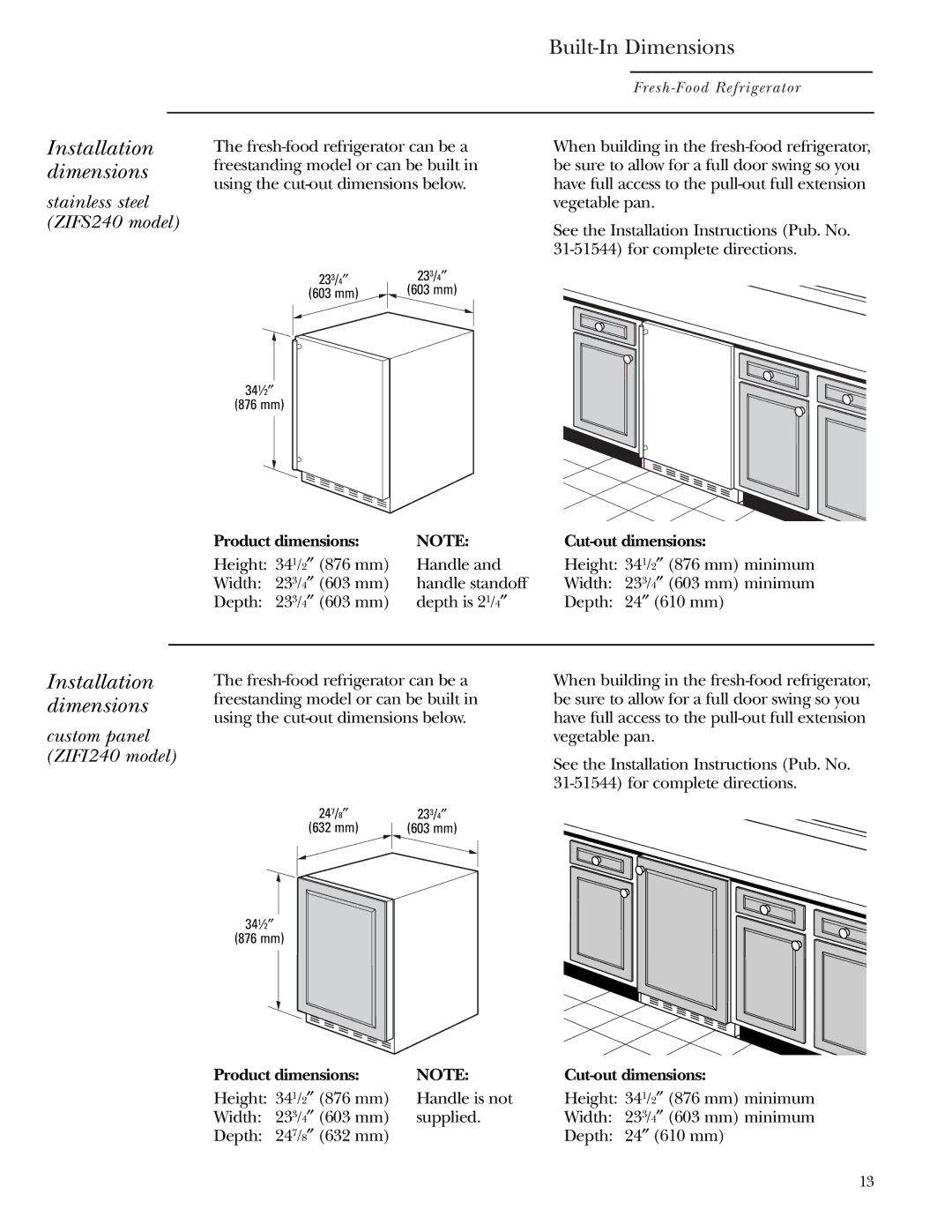 GE ZIFS240, ZIFI240 owner manual Installation dimensions, Product dimensions Cut-out dimensions 