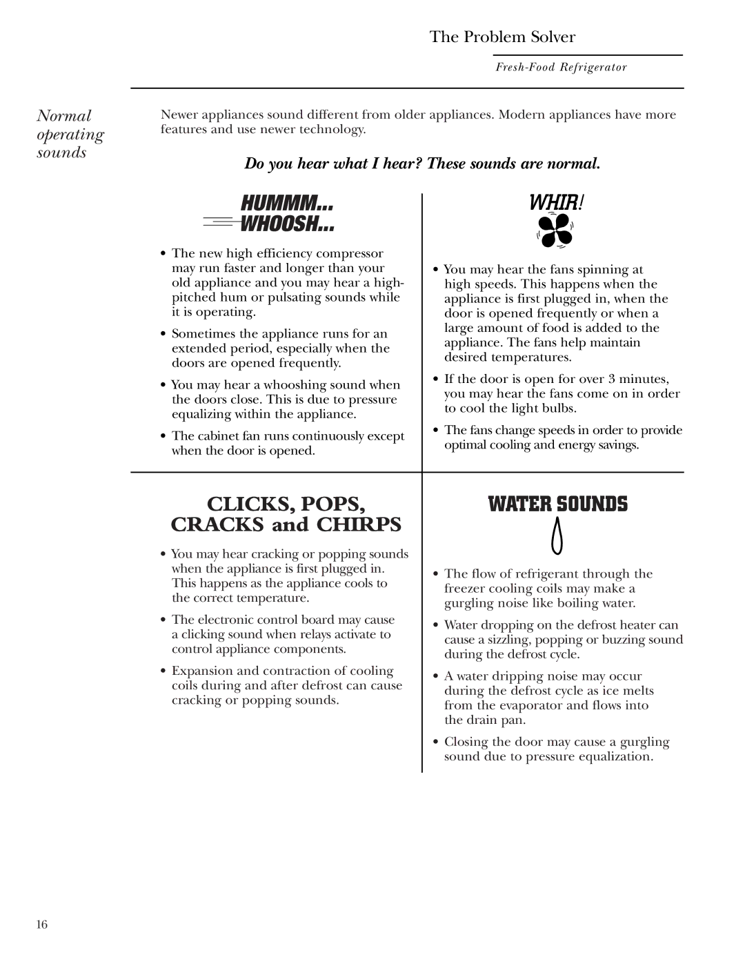 GE ZIFI240, ZIFS240 owner manual Normal operating sounds, Problem Solver 