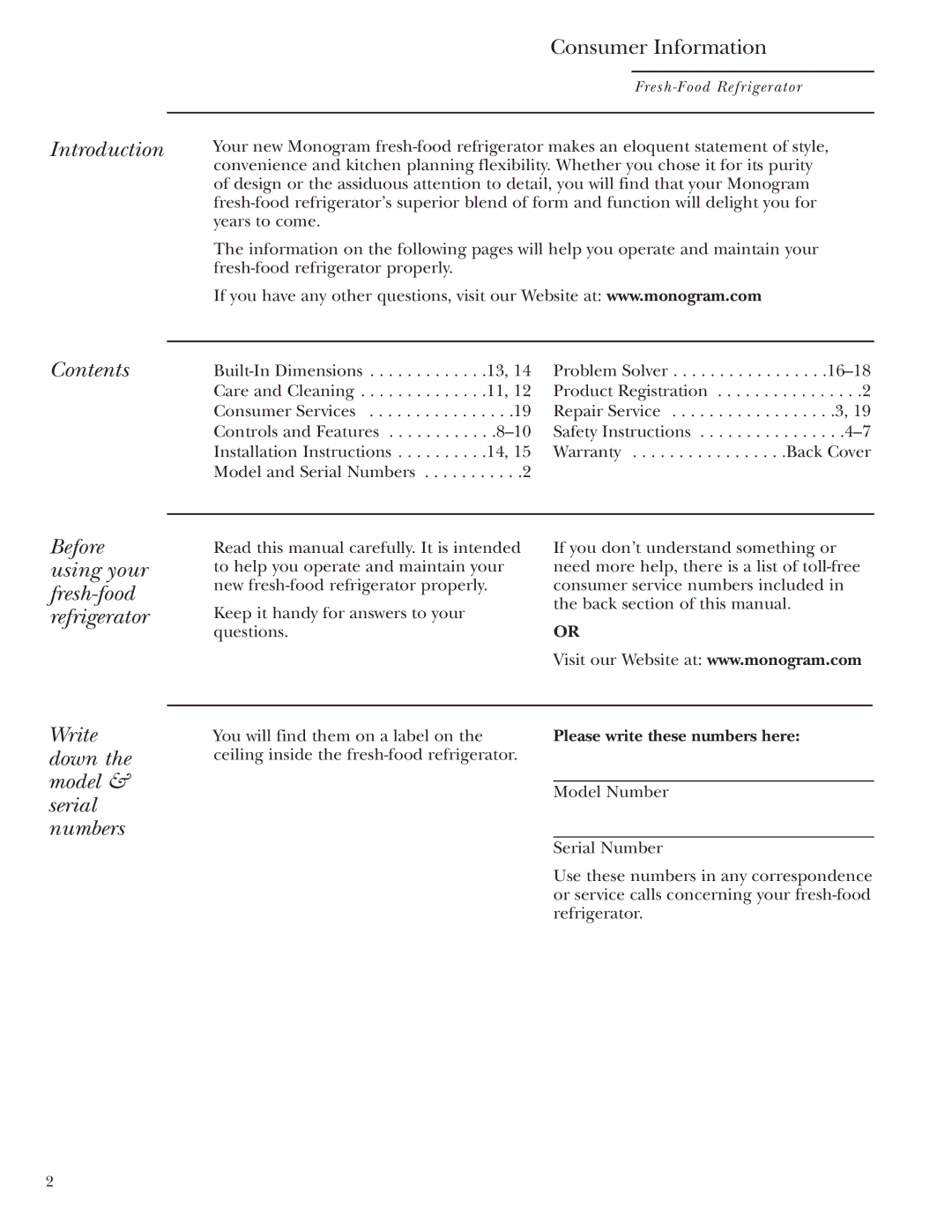 GE ZIFI240 Introduction, Contents, Before using your fresh-food refrigerator, Write down the model & serial numbers 