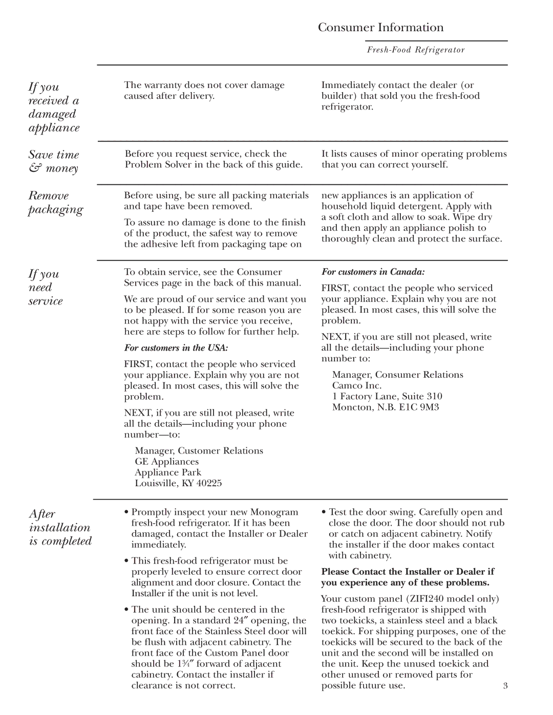 GE ZIFS240, ZIFI240 owner manual If you need service, After installation is completed 