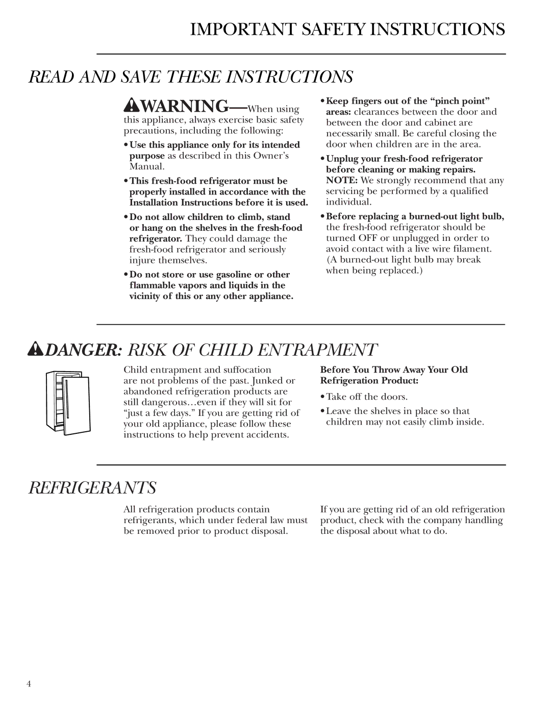 GE ZIFI240, ZIFS240 Read and Save These Instructions, Refrigerants, Before You Throw Away Your Old Refrigeration Product 