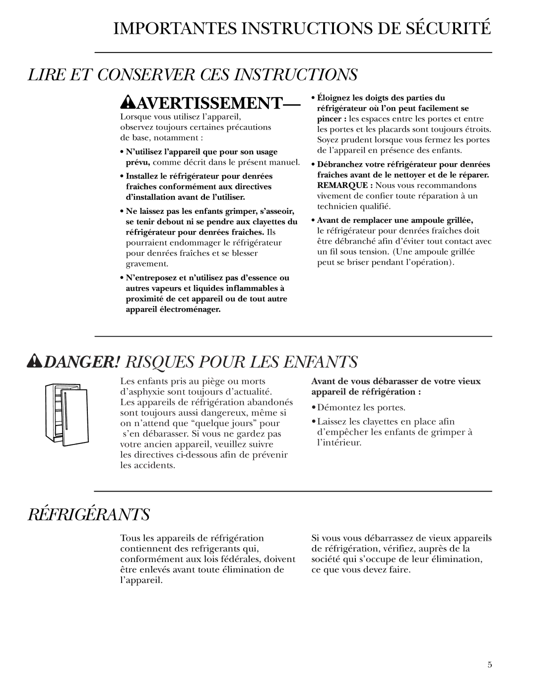 GE ZIFS240, ZIFI240 owner manual Importantes Instructions DE Sécurité, Réfrigérants 