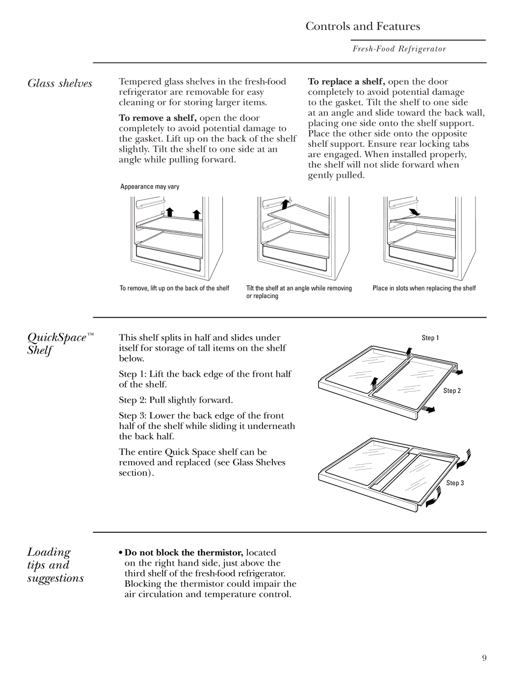 GE ZIFS240, ZIFI240 owner manual Glass shelves, QuickSpace Shelf Loading tips and suggestions 