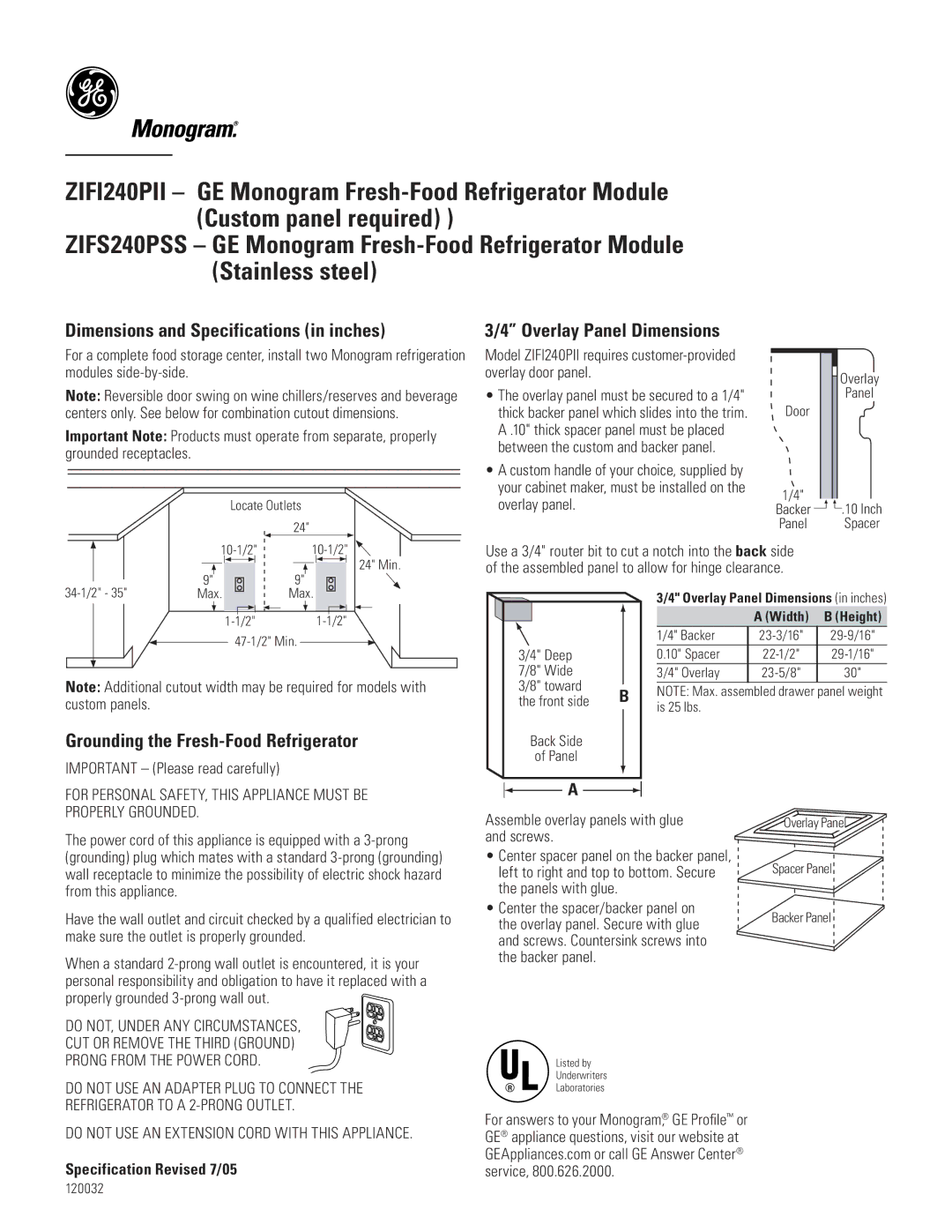 GE ZIFI240PLII Dimensions and Specifications in inches, Overlay Panel Dimensions, Grounding the Fresh-Food Refrigerator 