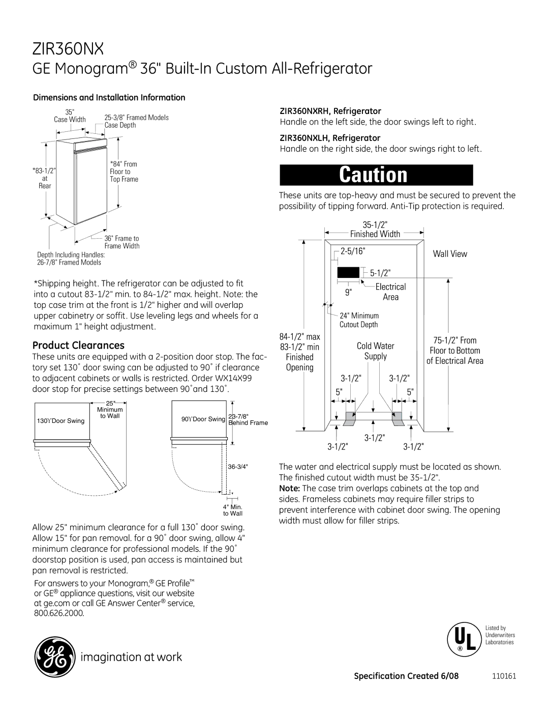 GE dimensions Product Clearances, Dimensions and Installation Information, ZIR360NXRH, Refrigerator 