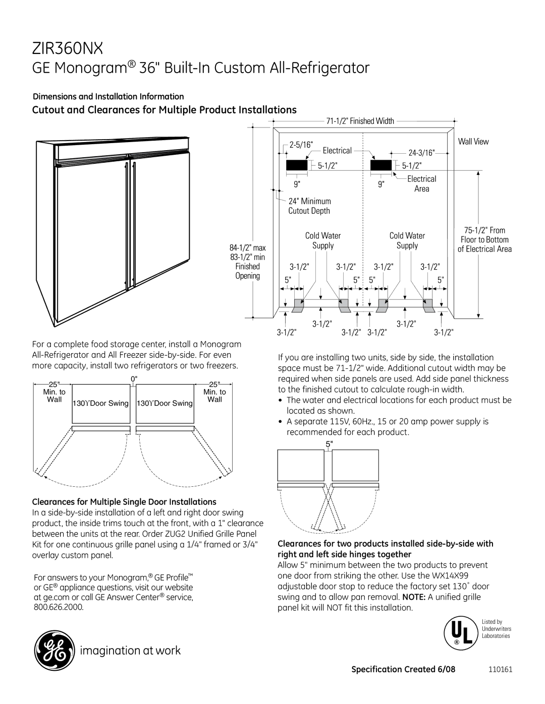 GE ZIR360NX Cutout and Clearances for Multiple Product Installations, Clearances for Multiple Single Door Installations 