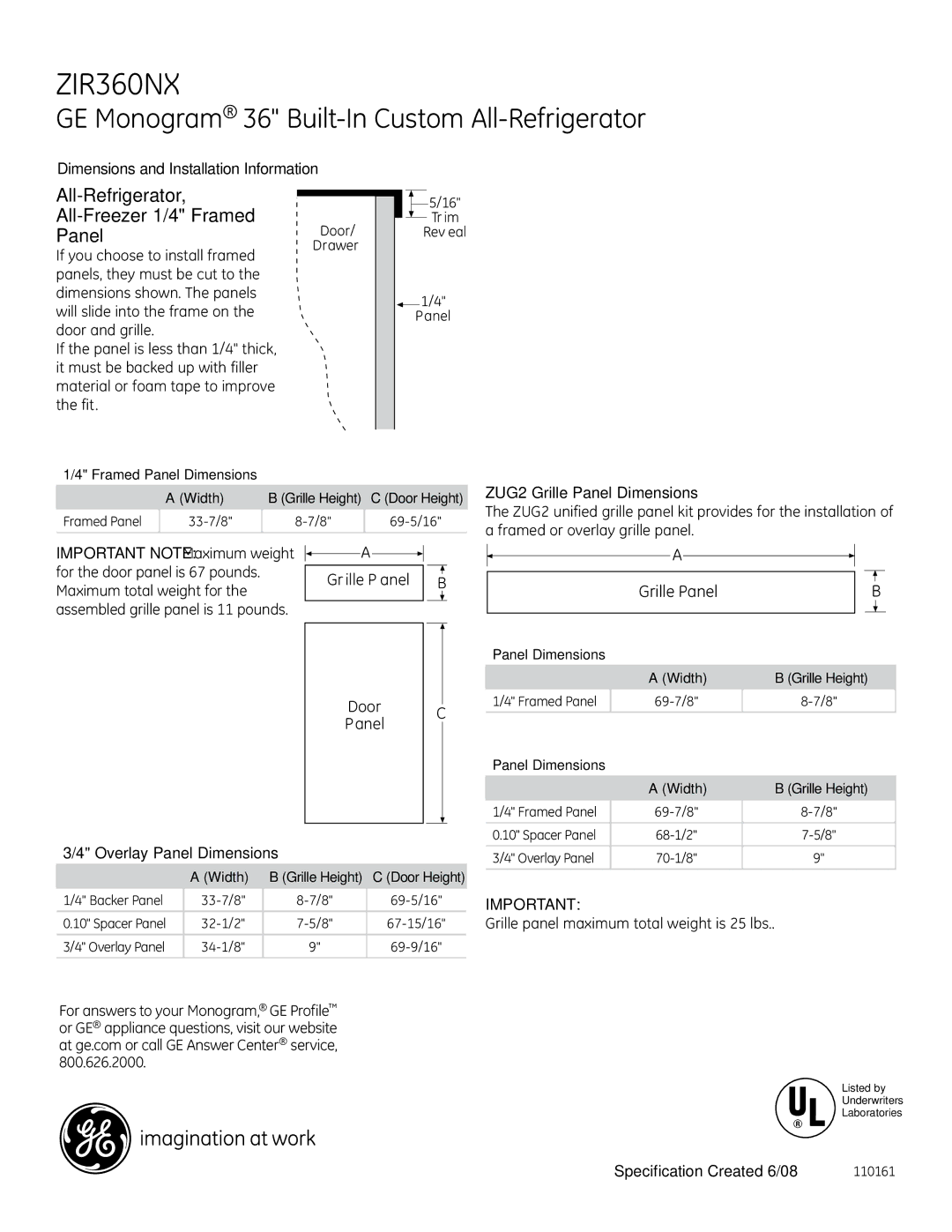 GE ZIR360NX All-Refrigerator All-Freezer 1/4 Framed Panel, ZUG2 Grille Panel Dimensions, Overlay Panel Dimensions 