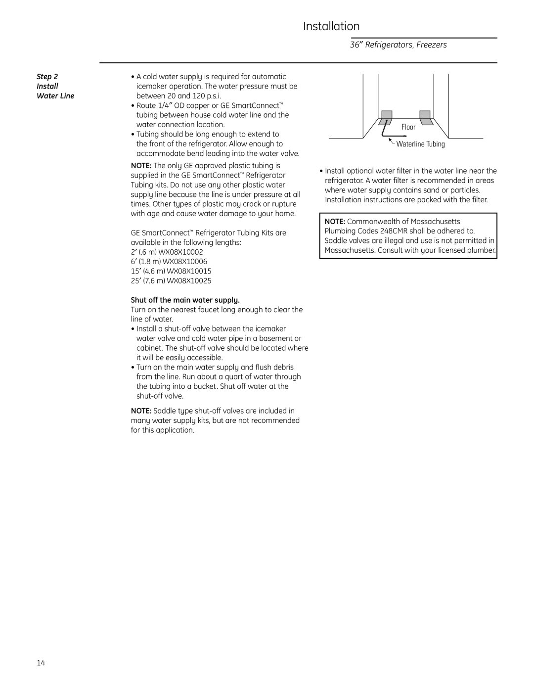 GE ZIR36N RH, ZIR36N LH, ZIF36N RH, ZIF36N LH Step, Install, Water Line, Shut off the main water supply 